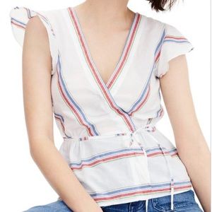 J.CREW STRIPED SURPLICE PEPLUM FLUTTER SLEEVE TOP